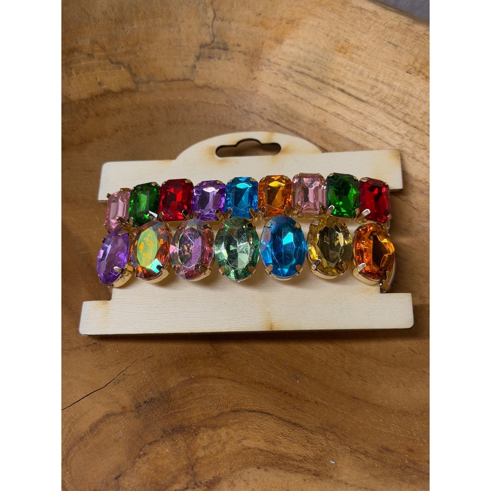 Rainbow Rhinestone Stretch Bracelet Set Gold Tone Emerald Oval Cut Crystal 2pc